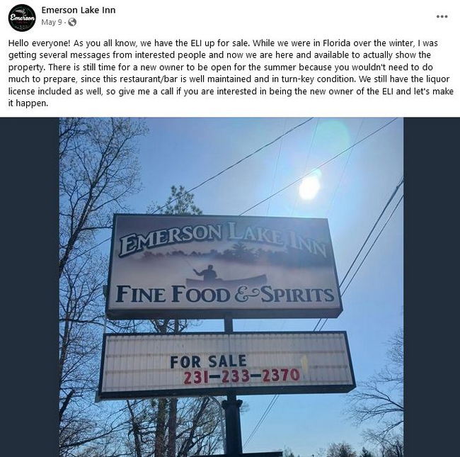 Emerson Lake Inn - 2023 Facebook Post - For Sale